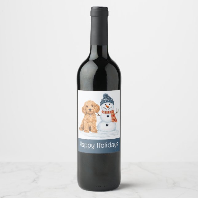 Étiquette Pour Bouteilles De Vin Happy Holidays Winter Goldendoodle Dog Snowman (Devant)