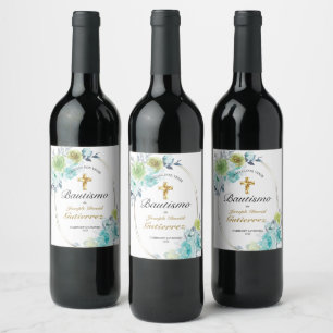 ÉTIQUETTE POUR BOUTEILLES DE VIN HERMOSO BAUTIZO BEBÉ CRUZADO DE ORO FLORAL AZUL