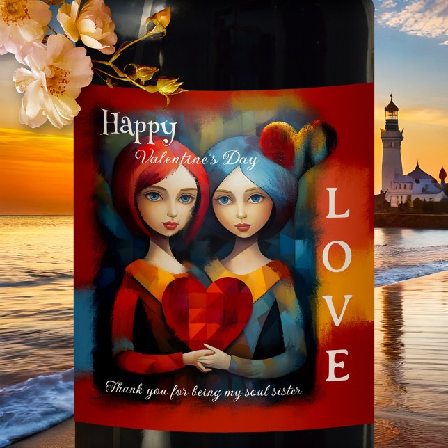 Étiquette Pour Bouteilles De Vin Heureuse Sainte-Valentin de soeurs d'âme d'art col (A unique romantic wine label featuring a colorful painting of two women with a heart - friendship)