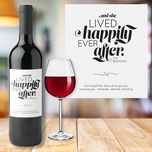 Étiquette Pour Bouteilles De Vin Heureux Jamais Après Divorce Femme Script noir (Créateur téléchargé)