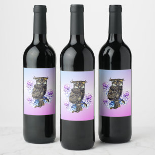 Étiquette Pour Bouteilles De Vin Hibou Brun Fleurs Violettes 