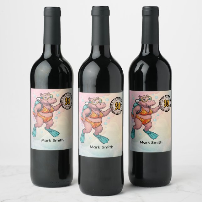 Étiquette Pour Bouteilles De Vin Hippo scuba diver 30th Birthday  (Bouteilles)