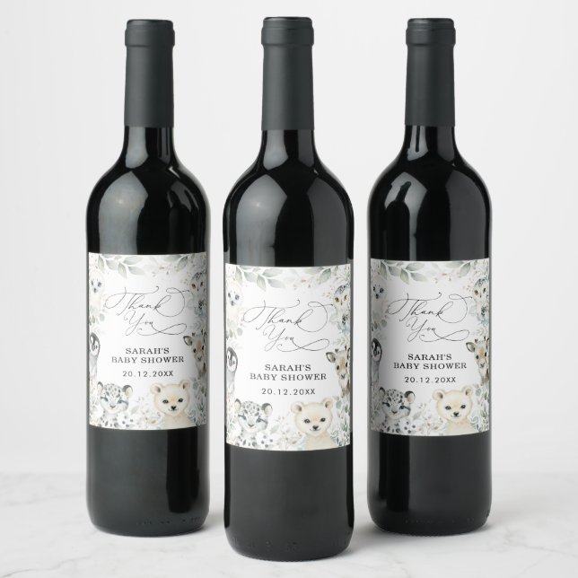 Étiquette Pour Bouteilles De Vin Hiver Arctique Animaux Verdure Baby shower Favoris (Bouteilles)