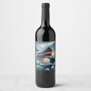 Étiquette Pour Bouteilles De Vin Hiver, pont enneigé et rivière