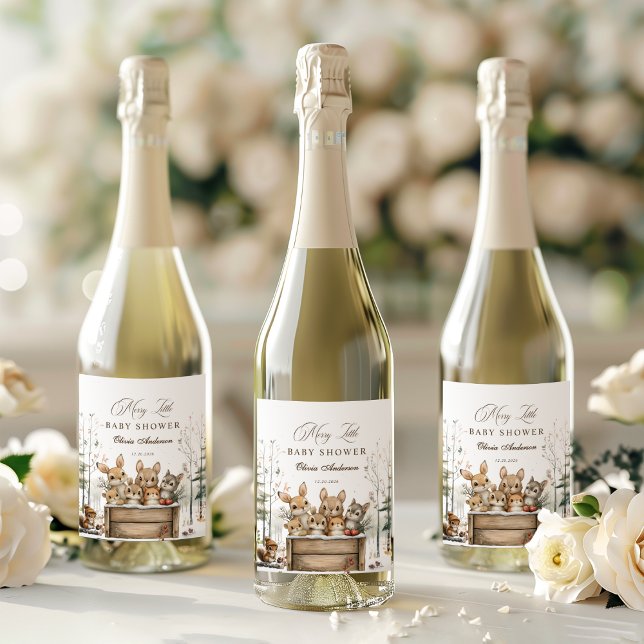 Étiquette Pour Bouteilles De Vin Hiver Wonderland Baby shower des animaux de bois (Créateur téléchargé)