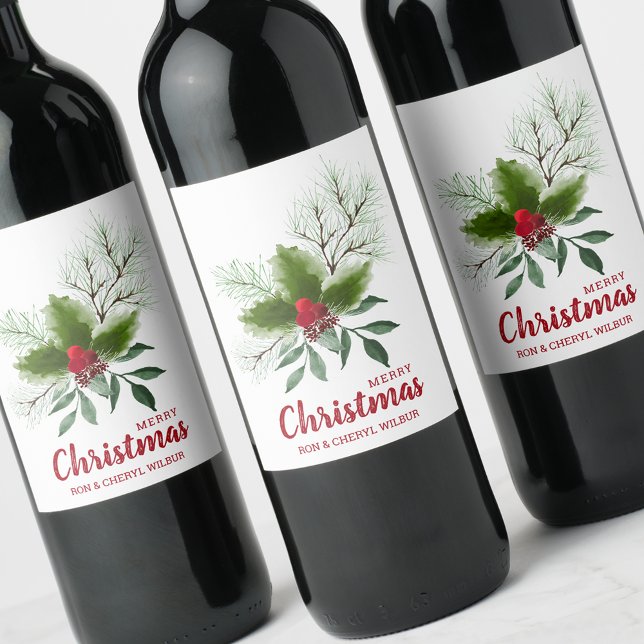 Étiquette Pour Bouteilles De Vin Holly Berries Pine Joyeux Noël (Créateur téléchargé)