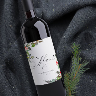 Étiquette Pour Bouteilles De Vin Holly Berry Pine Red Green Merriest Christmas