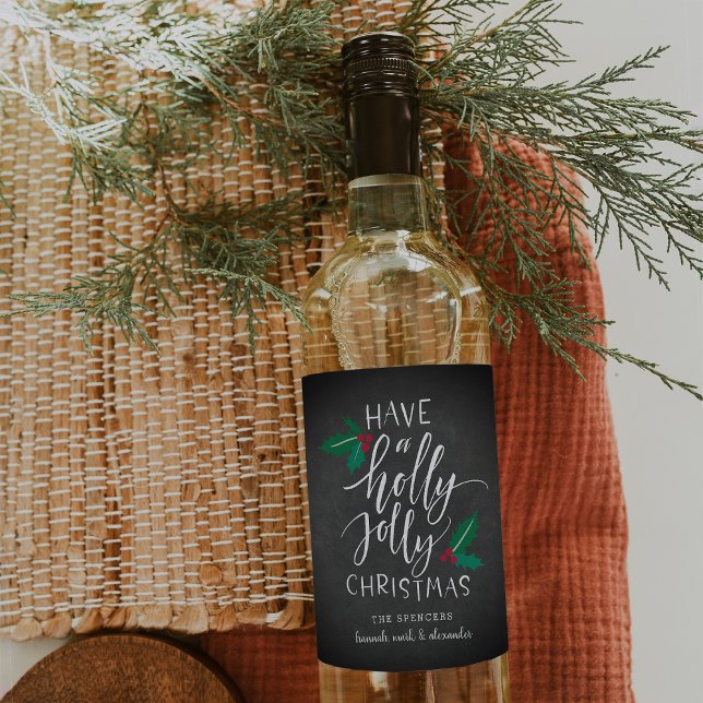 Étiquette Pour Bouteilles De Vin Holly Jolly | Noël personnalisé (Créateur téléchargé)