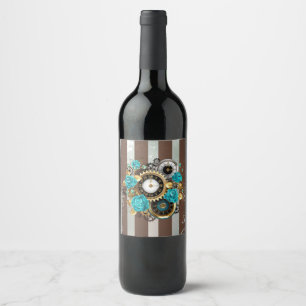 Étiquette Pour Bouteilles De Vin Horloge à vapeur et Roses turquoise sur le sol
