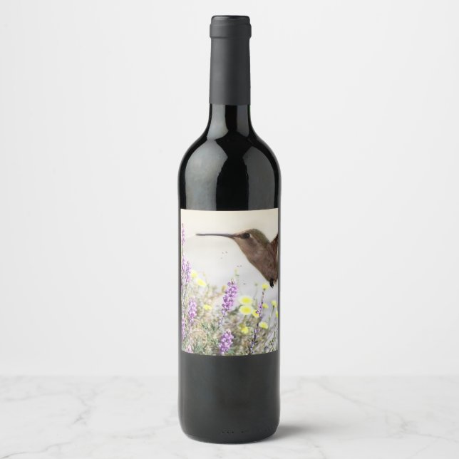 Étiquette Pour Bouteilles De Vin Hummingbird and Wildflowers Digital Art  (Devant)