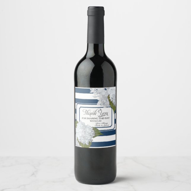 Étiquette Pour Bouteilles De Vin Hydrangea Blanc Floral Moderne Élégant Rayon Marin (Devant)
