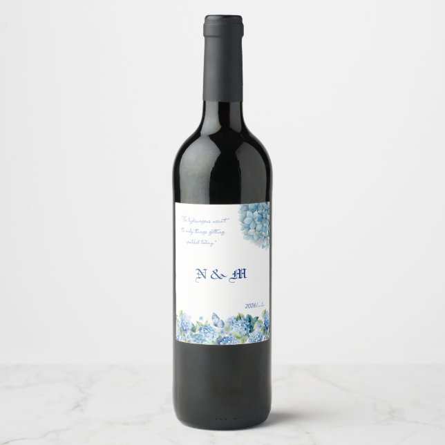 Étiquette Pour Bouteilles De Vin Hydrangea Bleu Citation Drôle Mariage Floral (Devant)