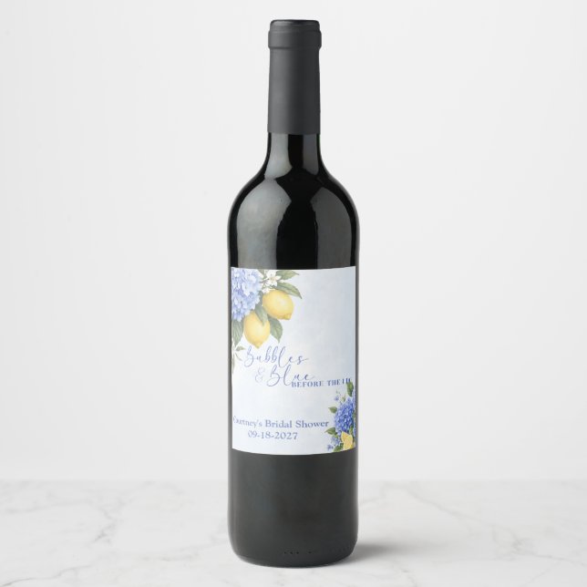 Étiquette Pour Bouteilles De Vin Hydrangea Bleue Quelque Chose De Bleu Baby Shower (Devant)