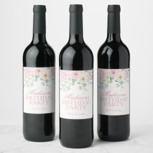 Étiquette Pour Bouteilles De Vin Hydrangée végétale rose Fleur Botanique Anniversai