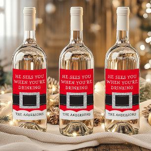 Étiquette Pour Bouteilles De Vin Il vous voit quand vous buvez Noël Santa
