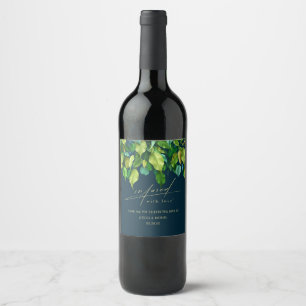 Étiquette Pour Bouteilles De Vin Infusé Par L'Amour Verdure Mariage Bleu Profond