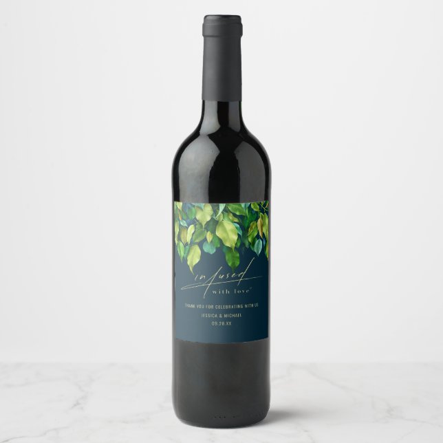 Étiquette Pour Bouteilles De Vin Infusé Par L'Amour Verdure Mariage Bleu Profond (Devant)