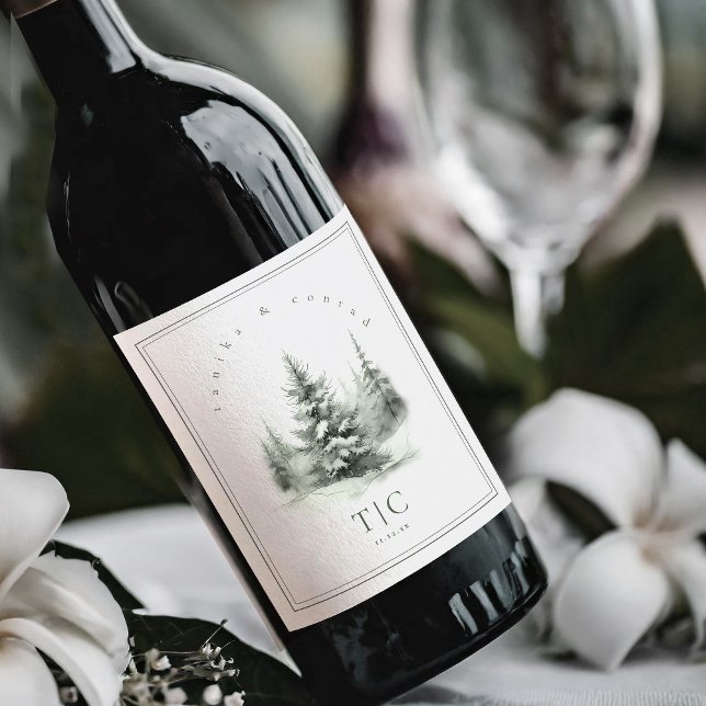 Étiquette Pour Bouteilles De Vin Initiales de mariage d'hiver rustique Forest Green (Créateur téléchargé)