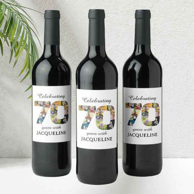 Étiquette Pour Bouteilles De Vin Invitation Modèle photo du 70e anniversaire (70th birthday personalized wine bottle labels with family photo collage template.)