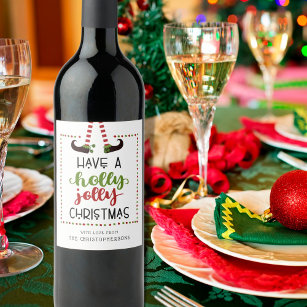 Étiquette Pour Bouteilles De Vin Jambes d'elfes charmantes Holly Jolly Noël
