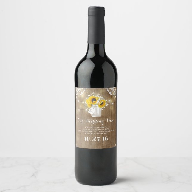 Étiquette Pour Bouteilles De Vin Jar de Mason rustique et tournesol avec souffle de (Devant)