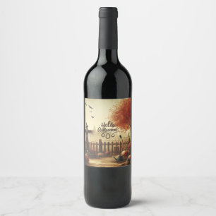 Étiquette Pour Bouteilles De Vin Jardin d'automne et épouvantail