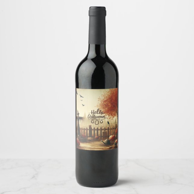 Étiquette Pour Bouteilles De Vin Jardin d'automne et épouvantail (Devant)