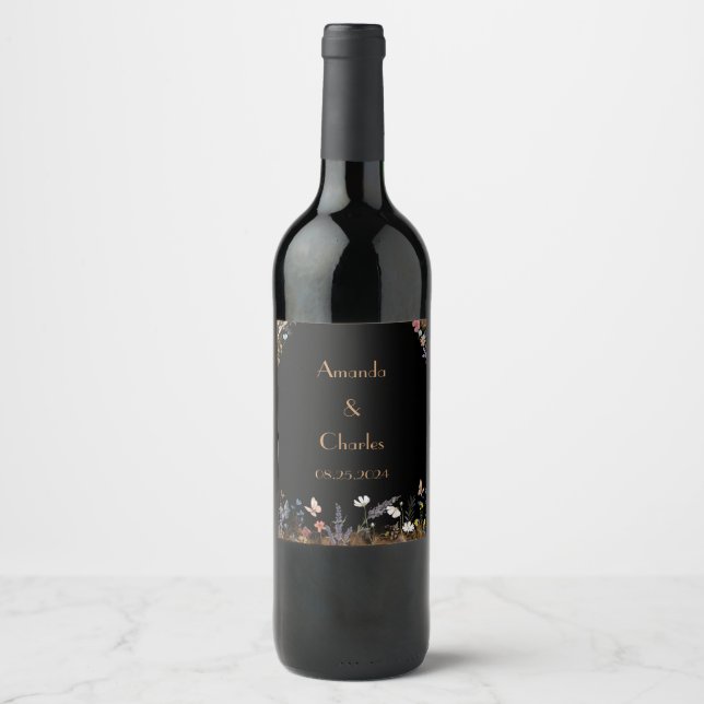 Étiquette Pour Bouteilles De Vin Jardin du papillon noir floral Boho (Devant)