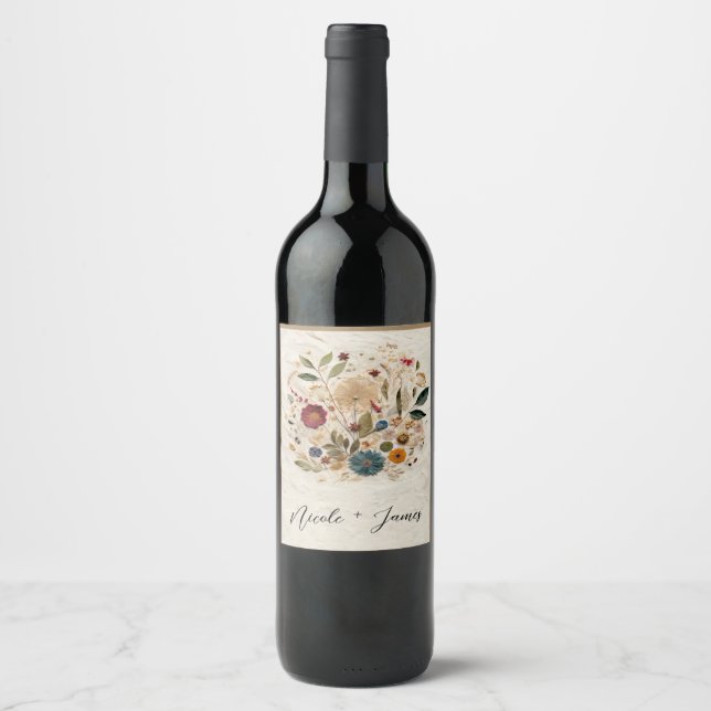 Étiquette Pour Bouteilles De Vin Jardin Whimsical Pressé Fleurs Mariage bohème (Devant)