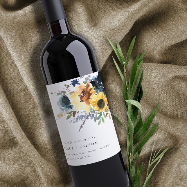 Étiquette Pour Bouteilles De Vin Jaune Mariage floral de la marine Sunflower (Créateur téléchargé)