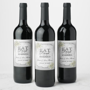 Étiquette Pour Bouteilles De Vin Jeu floral classique, Mariage encadré d'argent