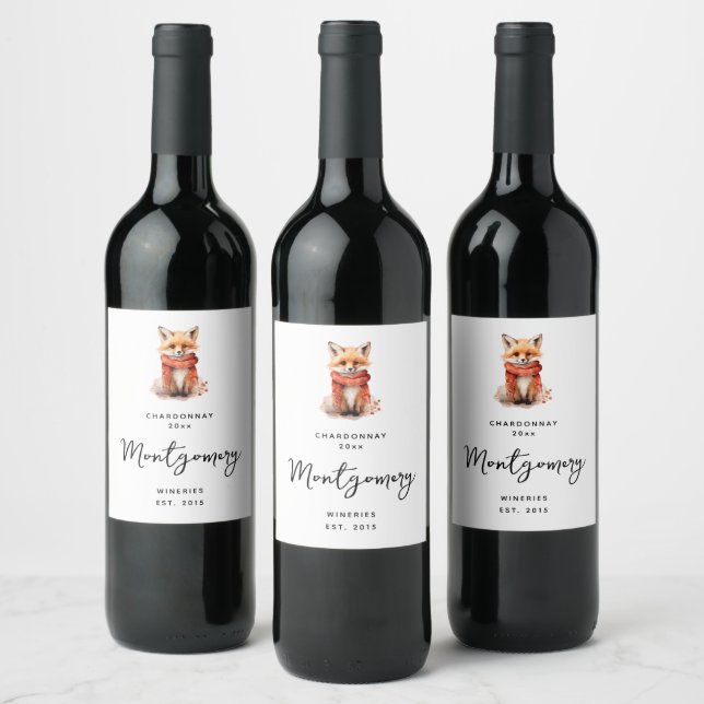 Étiquette Pour Bouteilles De Vin Jeune renard mignon dans une écharpe rouge vinific (Bouteilles)