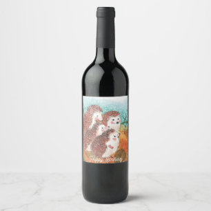 Étiquette Pour Bouteilles De Vin Jeunes hérissons Joyeux anniversaire