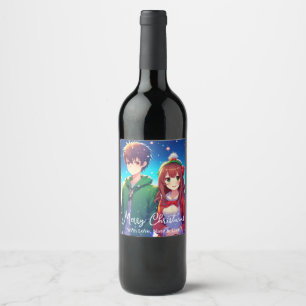Étiquette Pour Bouteilles De Vin Joli couple d'anime   Joyeux Noël 