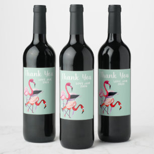 Étiquette Pour Bouteilles De Vin Joli flamant rose sur bleu