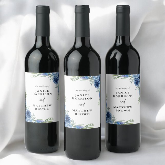 Étiquette Pour Bouteilles De Vin Joli Mariage Floral Bleu Dusty (Créateur téléchargé)