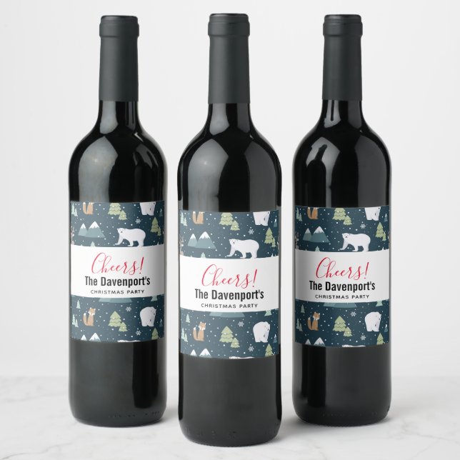 Étiquette Pour Bouteilles De Vin Joli Noël Animaux d'hiver Motif rustique (Bouteilles)