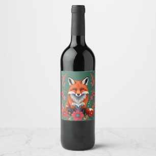 Étiquette Pour Bouteilles De Vin Joli renard rouge et fleurs