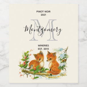 Étiquette Pour Bouteilles De Vin Joli renard Vintage Scène de Noël Vin
