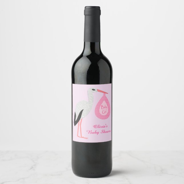 Étiquette Pour Bouteilles De Vin Joli rose Baby Girl Stork Baby shower personnalisé (Devant)