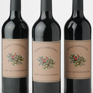 Étiquette Pour Bouteilles De Vin Joli rouge et vert Noël Holly Nom personnalisé