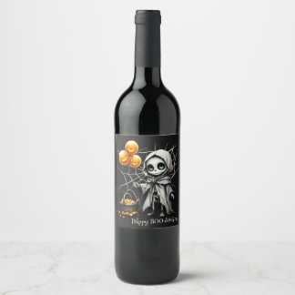 Étiquette Pour Bouteilles De Vin Jolie Fille Squelette avec Ballons Citrouilles 