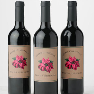 Étiquette Pour Bouteilles De Vin Jolie Rouge Poinsettia Fleur de Noël Nom personnal