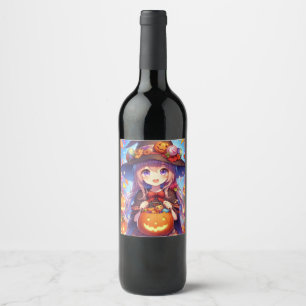 Étiquette Pour Bouteilles De Vin Jolie Sorcière d'Halloween Anime