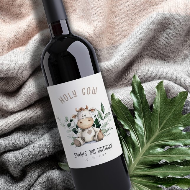 Étiquette Pour Bouteilles De Vin Jolie Vache Foliage Pastel Anniversaire de enfant  (Créateur téléchargé)
