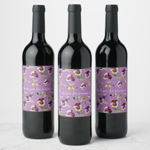 Étiquette Pour Bouteilles De Vin Jolis Pansies à l'aquarelle sur fond de vin violet