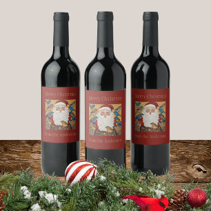 Étiquette Pour Bouteilles De Vin Jolis riches rouges Père Noël oiseaux bleus person