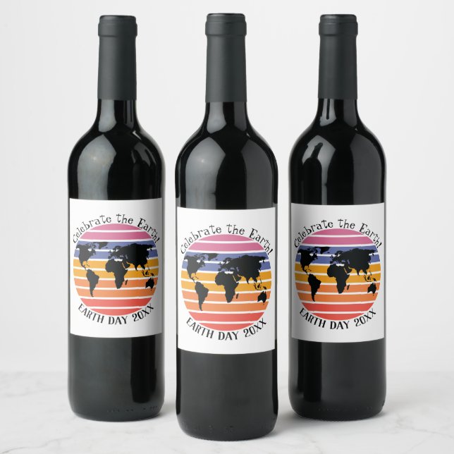 Étiquette Pour Bouteilles De Vin Jour des terres Monde Carte Retro Sunset Silhouett (Bouteilles)