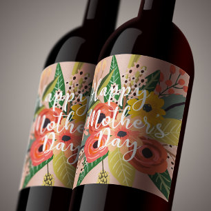 Étiquette Pour Bouteilles De Vin Joyeuse Fête des Mères Écriture Florale Colorée Mo