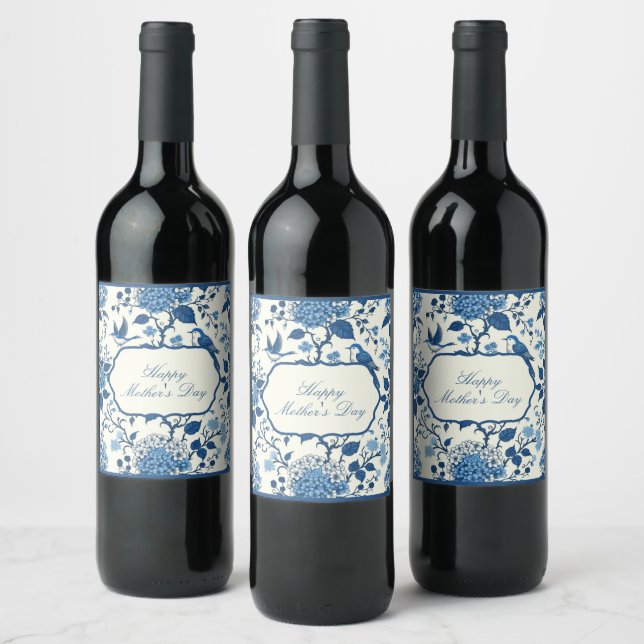 Étiquette Pour Bouteilles De Vin Joyeuse Fête des Mères Élégante Chinoiserie Bleue  (Bouteilles)